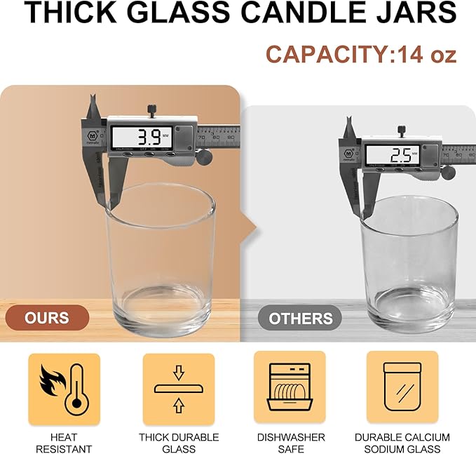 SHOWIN 14 OZ Thick Candle Jars for Making Candles 12 Pcs, 3 Wick Empty Jars with Wood Lids for Candle Making, Sample Container,Clear