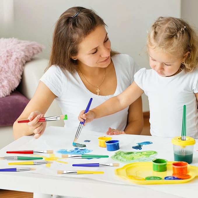 24 Pack Paint Brushes for Kids, Chubby Large Round and Flat Brushes | Easy Clean and Hold Toddler Paint Brushes for Acrylic Oil Watercolor Washable Paint