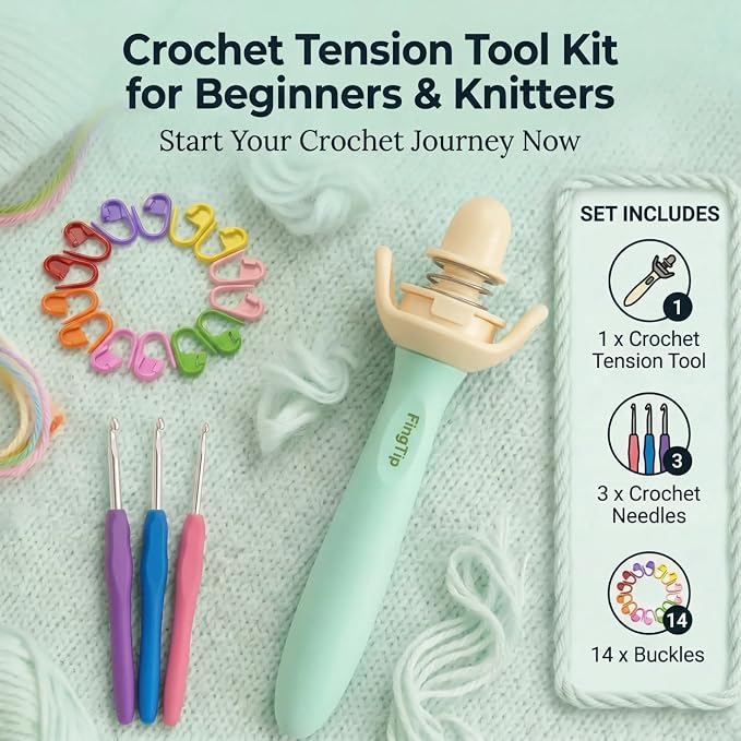 FingTip Crochet Tension Tool Kits for Beginner, Ergonomic Yarn Guide Holder, Comfort Grip Handle for Left & Right Hander, Portable Crochet Accessories Gifts for Crocheters & Knitters(Green)