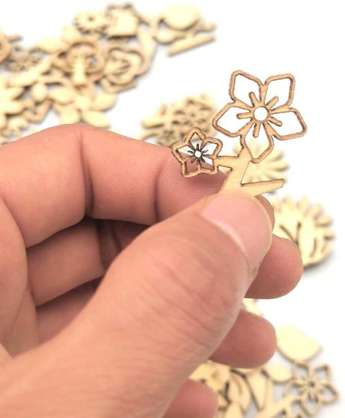 DIYOMR 200Pcs Unfinished Wood Pieces Hollow Wooden Art Decor, Vintage Embellishments Decorative Accessories for Scrapbooking Crafts DIY Home Decor (Plant & Flowers)