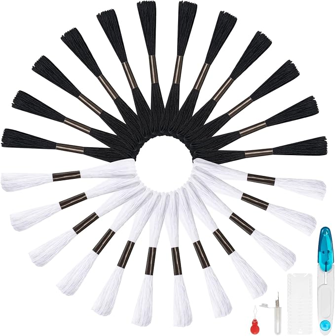 Amrules Friendship Bracelet String, 24 Pcs Embroidery Floss, Black & White | Including 344.5" Cotton Cross Stitch Thread, Hand Embroidery Thread for DIY Sewing and Embroidery Crafts Making with Tools