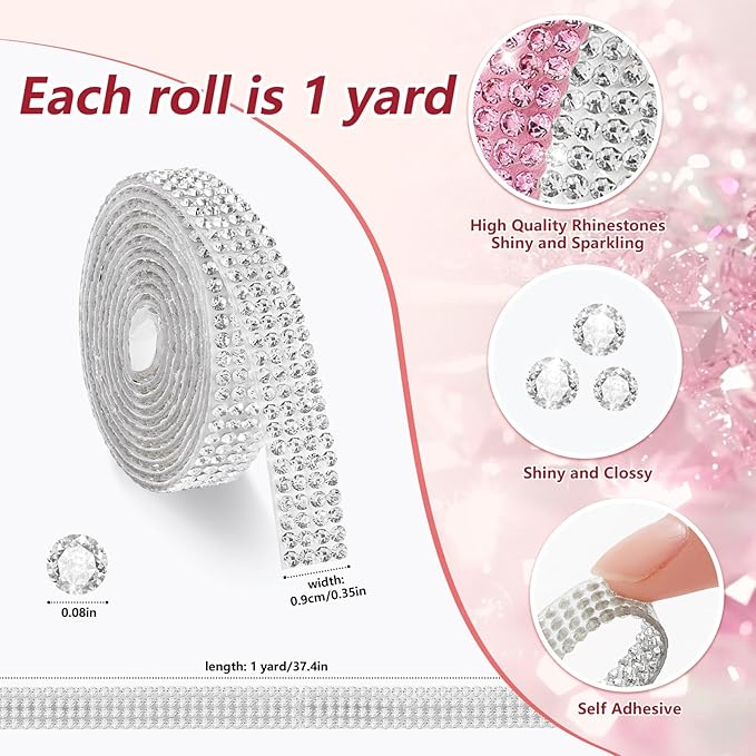 Rhinestone Ribbon Self Adhesive Crystal Rhinestones, 6-Yard Bedazzling Strips, 6-Rolls Rhinestone Strips for DIY Craft, Rhinestones Tape Self Adhesive,AB Crystal and Transparent Crystals Color