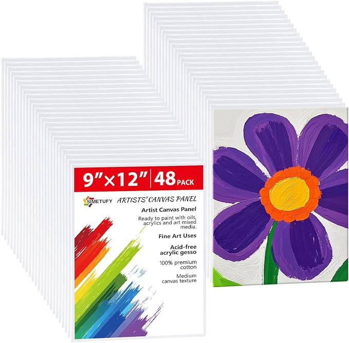Simetufy 48 Pack 9x12 Inch Canvas Boards, Flat Art Canvas Panels | Pre-Primed for Acrylic Painting, 3mm Thick 100% Cotton for Students & Beginners