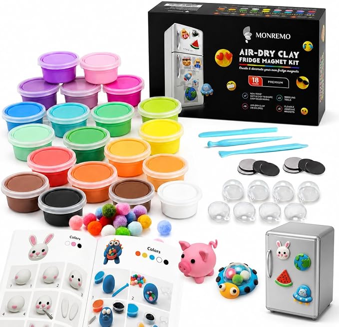 Air Dry Clay Magnet Making Kit for Kids, 18 Colors DIY Fridge Magnets | 18 colors, 8 self-adhesive magnets, 3 sculpting tools, shaker domes, no baking, no extra glue, visual guide, ages 6+