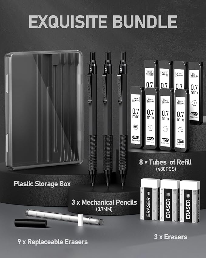 Four Candies Metal Mechanical Pencil Set with Case, 0.7mm, 3-Pack, Black