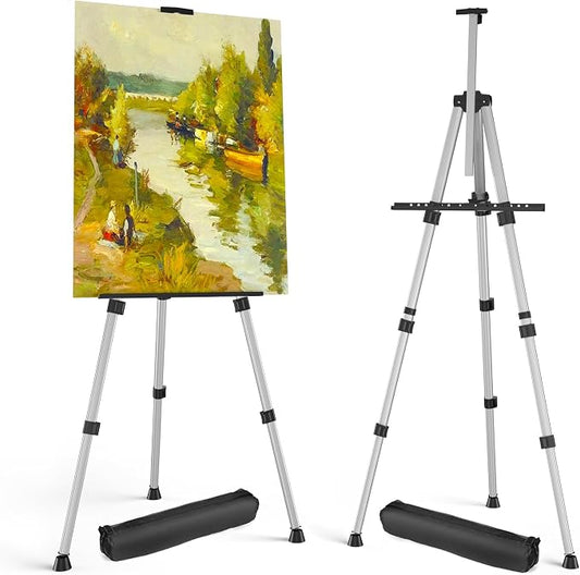 Art Painting Display Easel Stands - Portable Adjustable Floor Artist Easels | Aluminum Metal Tripod Silver Stands with Bags, Sturdy for Table-Top/Floor Painting, Drawing, Displaying - Silver 2 pack