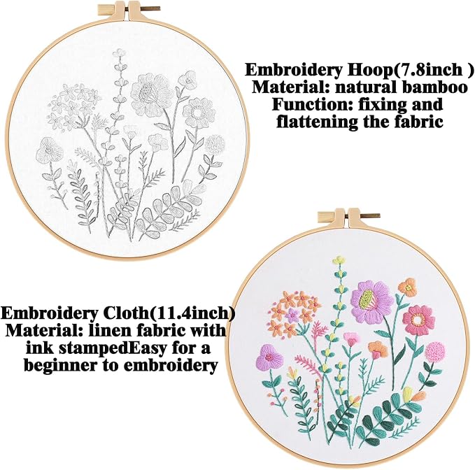 GLTAYLMY 3 Pack Embroidery Starter Kit for Beginners Stamped Cross Stitch Kits with Cute Flowers and Plants Patterns with 1 Embroidery Hoop and Color Threads for Adults