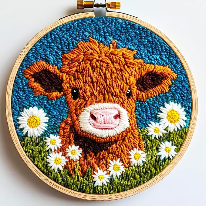 DIY Punch Needle Kits Highland Cow with Daisy Flower with Hoop 20x20cm-1 | with Pattern Stamped Easy for Beginners Embroidery Punch Needle Starter Craft Set for Adults Festival Gift and Decoration