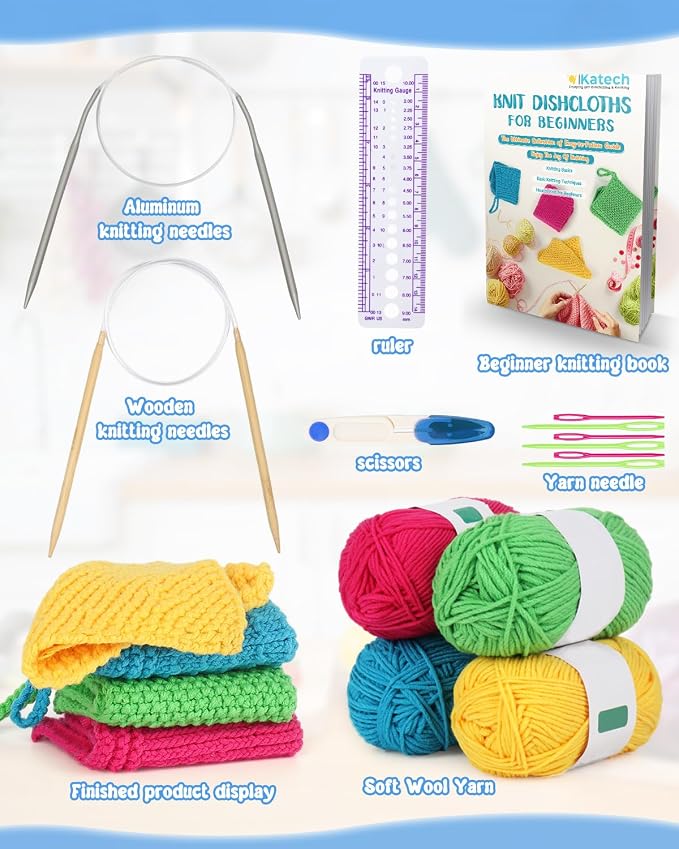 Katech Knitting Kit for Beginner, Dishcloth Kniting Starter Kit for Adults