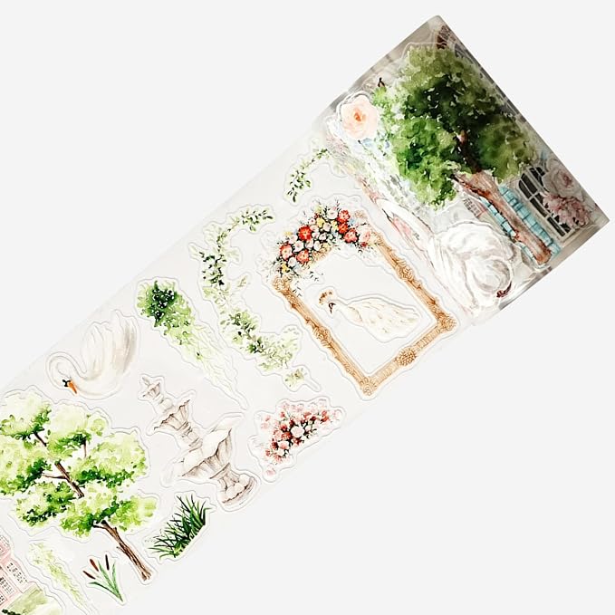 WT Pre-Cut French Courtyard Wide PET Tape, Single Roll, Romantic European Courtyard Style with Floral Designs, Transparent Decorative Tape for Journaling, Scrapbooking, Planner, DIY Crafts