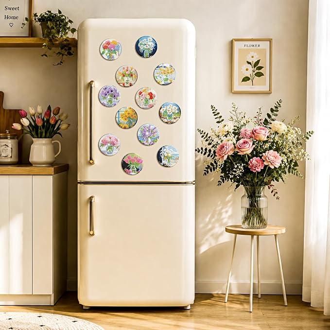 Zonon 12 Pcs Wildflower Bouquet Diamond Art Refrigerator Magnets | Flowers Diamond Painting Kits for Adults,Floral Magnet Stickers,Lavender Sunflower Daisy Crystal Art Ornaments,DIY Craft Gift