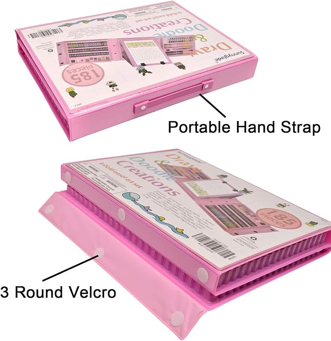Sunnyglade 185 Pieces Double Sided Trifold Easel Art Set Art Supplies Pink | Art Kit Drawing Art Box with Oil Pastels, Crayons, Colored Pencils, Markers, Paint Brush, Watercolor Cakes, Sketch Pad