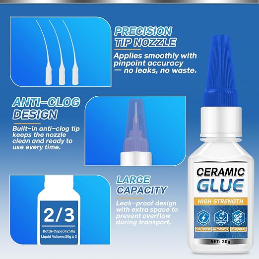 Ceramic Glue Repair Kit, Ceramic Glue for Pottery, Porcelain, Mugs, Dishes, Glass and More, Waterproof & High Temperature Resistant