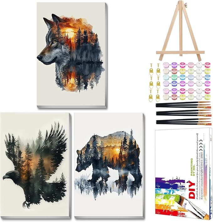 Mandun Animal Paint by Numbers Kit for Adults, 3 Pack, 7.8x11.8 inch | DIY Painting Kits Crafts for Adults, Relieve Stress, Frame Canvas, Wooden Easel, Gift Box, Home Wall Decor