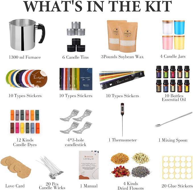 SAEUYVB Candle Making Kit,DIY Soy Candle Making Supplies/Kit for Adults | Beginner-friendly,Complete Candle Kit with Melting Pot,3 lbs Soy Wax,10 Candle Jars,10 Scents and More, Perfect for DIY Craft