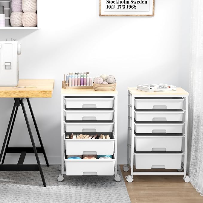 SYKIARIOL Rolling Cart with Drawers, 5 Drawers Utility Cart, Bright White | 5-Tiers Storage Cart with Drawers with Wooden Top for Craft Organizers and Storage,Home Office,Classroom,Dorm