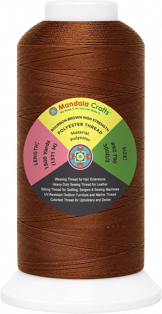 Mandala Crafts Bourbon Brown Tex 90 Upholstery Polyester Heavy Duty Thread | 1500 Yds T90 UV Resistant Strong Thread for Leather Sewing, Marine, Drapery, Jeans, Hair Weaving & Extension, Outdoor