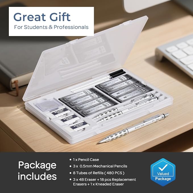 Nicpro 3 Pack Blocky Gear 0.5 mm Metal Mechanical Pencils Set with Case