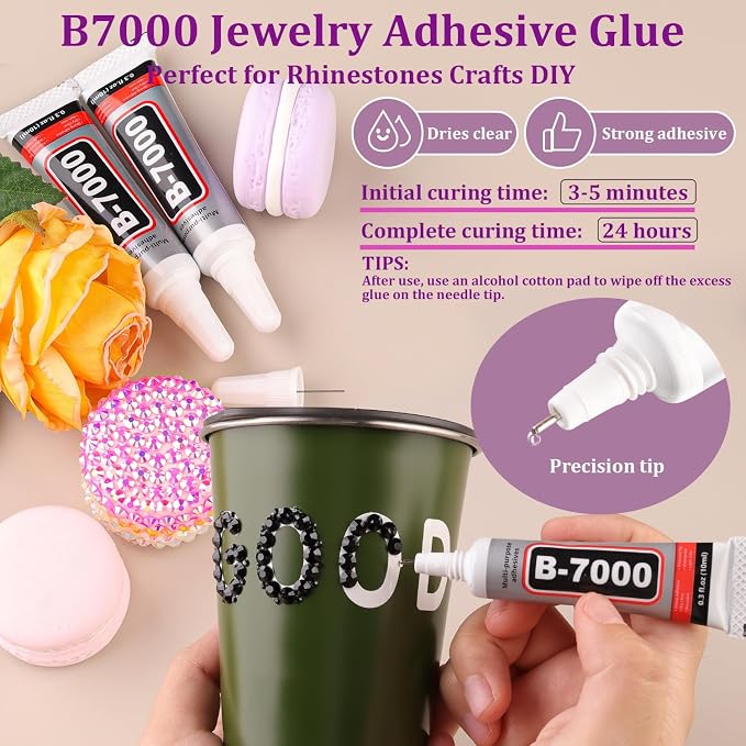 Resin Jelly Rhinestones for Crafting with B7000 Jewelry Glue, 1 Box Black Flatback Crystal with 3Pcs 10ml Glue, Bedazzling Non Hotfix Gems for DIY Tumblers Clothing Shoes Manicure