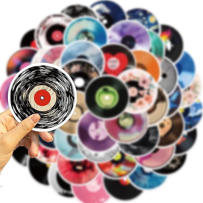 Music CD Stickers, 50 Pcs Vinyl Cartoon Record Album Sticker for Water Bottle Laptop Cars Guitar Skateboard Bumper Vintage Waterproof Music Stickers for Teens Adults (Colourful-F4)
