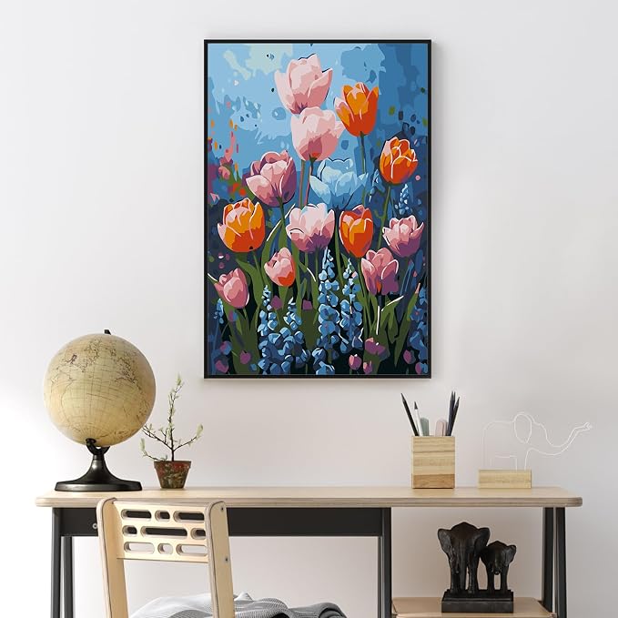 Flowers Framed Paint by Numbers Kit for Adults Beginner & Kids Ages 8-12 | With Frame Canvas 8x 12 inch, DIY Acrylic Painting by Numbers Colorful Flower, Stress Relief Craft Kits, Home Wall Decor Gift
