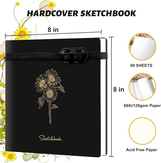 Hardcover Sketchbook for Drawing with 2 Pencils,160 Page Sketch Book,Black | Acid Free 150GSM Thick Paper,Gift Boxed,Square Leather Art Sketch Pad Drawing Paper Book Artist's Journal for Women Adults