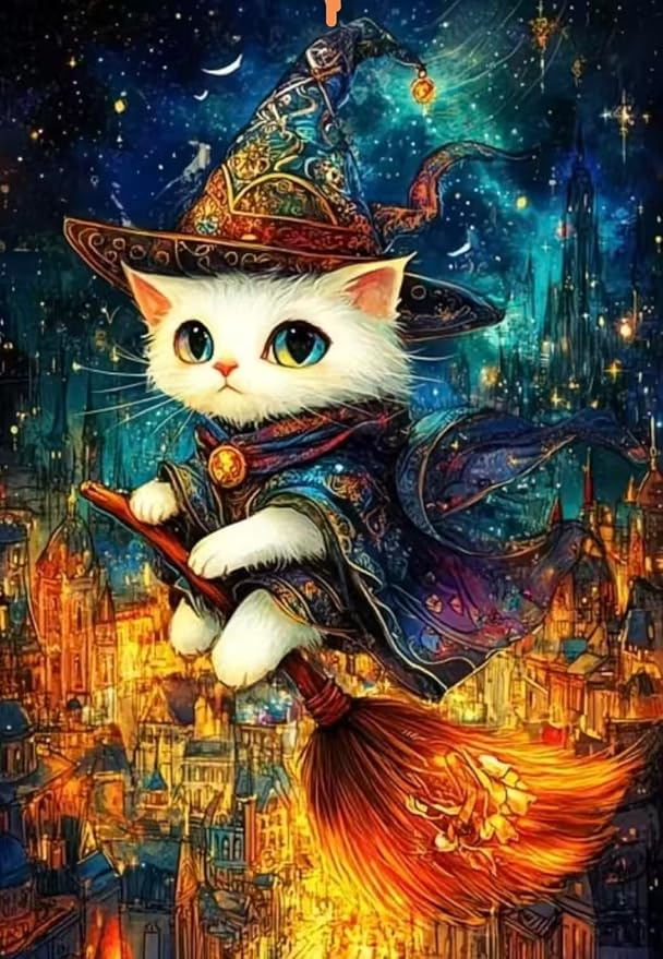 YUXUANKANG Wizard Cat Diamond Painting Kit, DIY Craft Activity, Resin, 12x16 Inch, Fantasy Theme, Adult