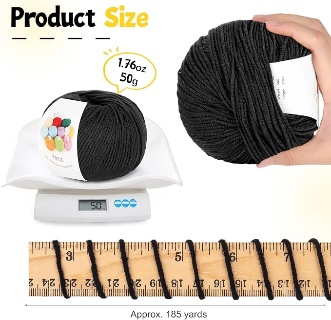 Katech Cotton Acrylic Blend Yarn for Crocheting-Crochet Yarn Set (Black) | 55% Cotton 45% Acrylic#3 DK (Light)-Super Soft Milk Cotton Yarn-Great Crochet and Knitting Starter Kit for Colorful Craft