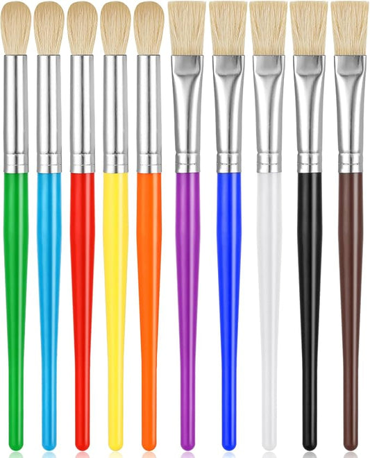 YGAOHF Kids Paint Brush Set, 10 Pcs Round and Flat, Easy Hold and Clean Toddler & Preschool Brushes for Acrylic, Oil, Watercolor, Washable Paint