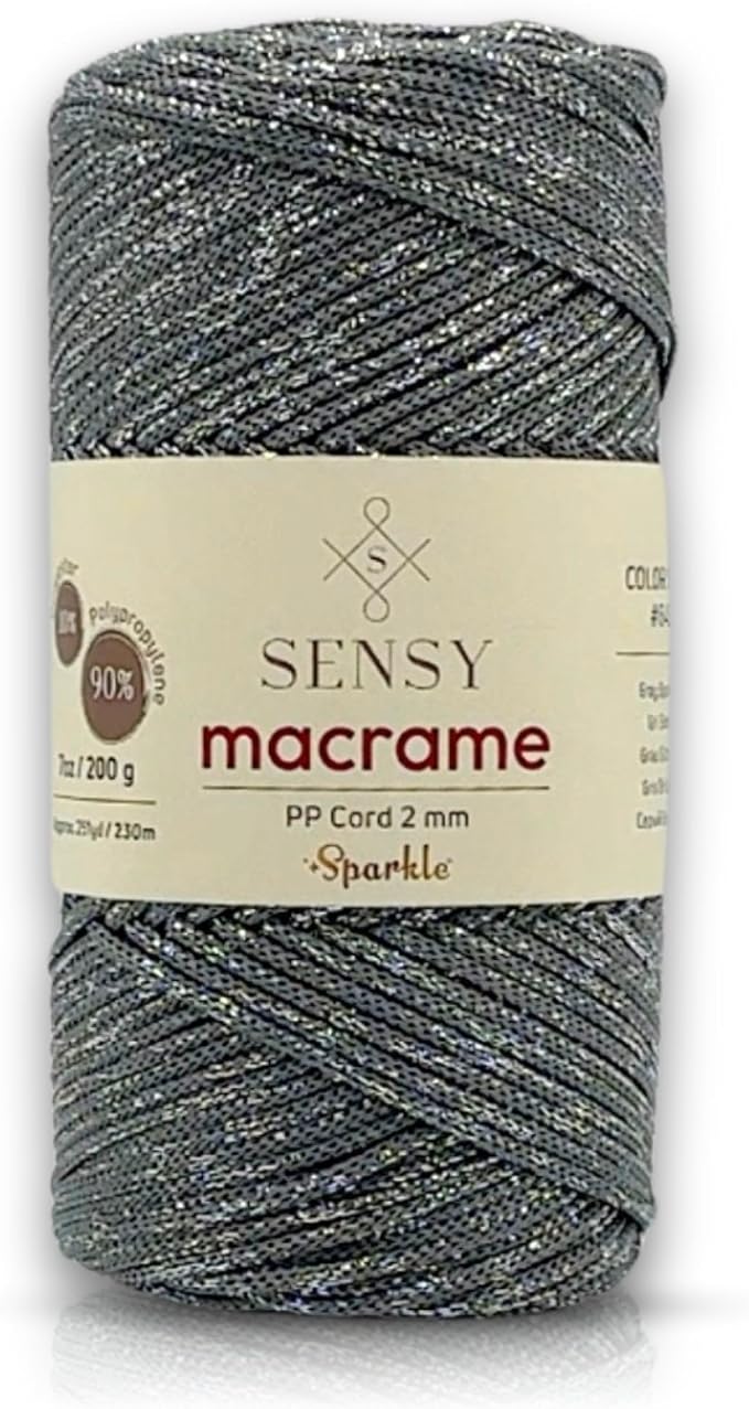 S Sensy 2mm Sparkle-Premium Polypropylene Macrame Cord Gray Sparkle 252yds