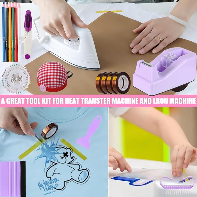 XEUZK Sublimation Shirts Tool Kits With 8 T Shirt rulers, 3Pack Teflon Sheet for Heat Press 12*16in, Heat Resistant Gloves & Silicone Bumps, 2 Rolls Heat Resistant Tape & Sublimation pencil (Violet)