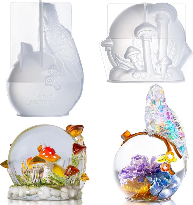 LET’S Resin Crystal Ball Resin Molds, Crystal Orb Decorative Statue Silicone Molds with Mushroom Stand and Bird Figurine,3D Sphere Epoxy Resin Molds for DIY Tabletop Decor, Housewarming Gifts