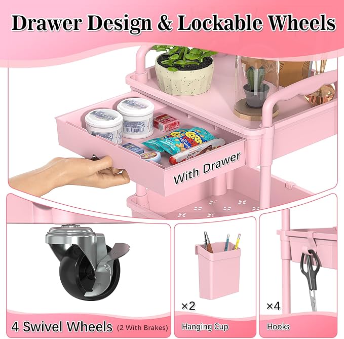 SUNALLY 4 Tier Rolling Cart with Drawer, Craft Storage Cart Organizer, Pink