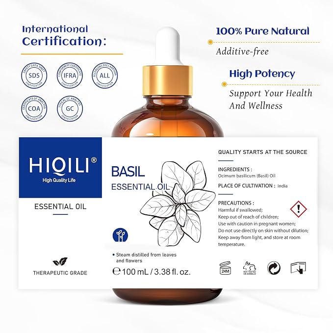 HIQILI Basil Essential Oil for Aromatherapy Diffuser, Hair Care