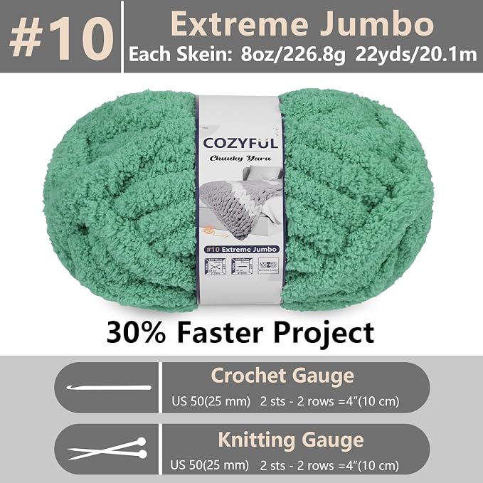 Cozyful Chunky Yarn for Hand Knitting - #10 Chunky Chenille Yarn, Jumbo Big Thick Chunky Yarns for Crocheting, Super Bulky Chunky Knit Blanket Yarns, 8 Skein (22yds 8oz Each Skein), Misty Jungle Green
