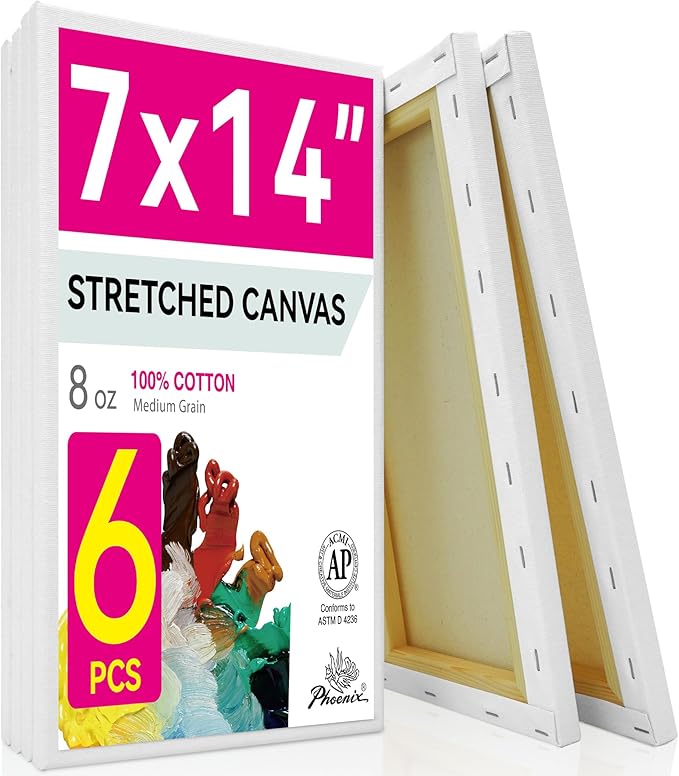 PHOENIX Long Stretched Canvas for Painting 7x14 Inch/6 Value Pack, 8 Oz Triple Primed, 5/8 Inch Profile, 100% Cotton White Blank Canvas, Rectangular Framed Canvas for Oil Acrylic & Pouring Art