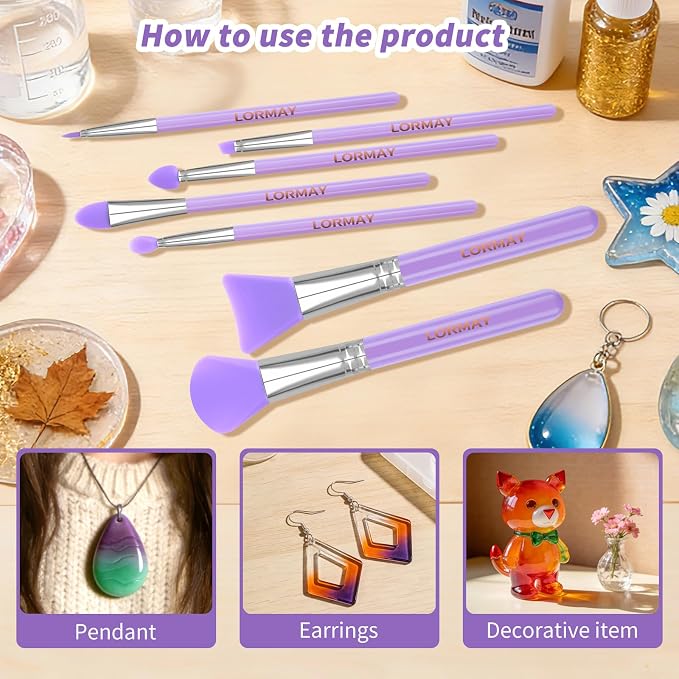 LORMAY 7-Piece Silicone Brush Set for UV Resin Crafts and Makeup, Purple | Easy Clean for DIY Epoxy Art and Makeup, Soft Reusable Tools, Gentle Applicator Suitable for All Skin Types