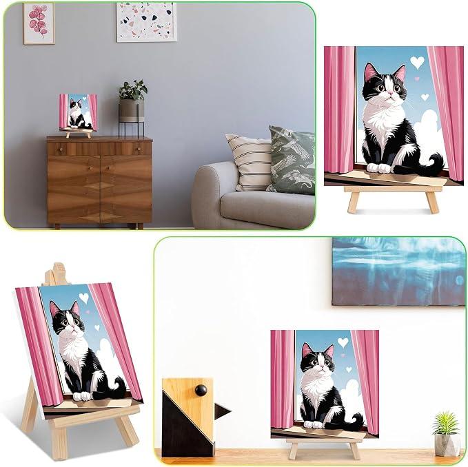 Cat Paint by Numbers Kit for Kids with Frame - Cute Cat Paint by Number for Kids, Cats Kid Painting by Number Kits Age 6-8 for Home Wall Decor 8X8inch (with Wooden Easel)