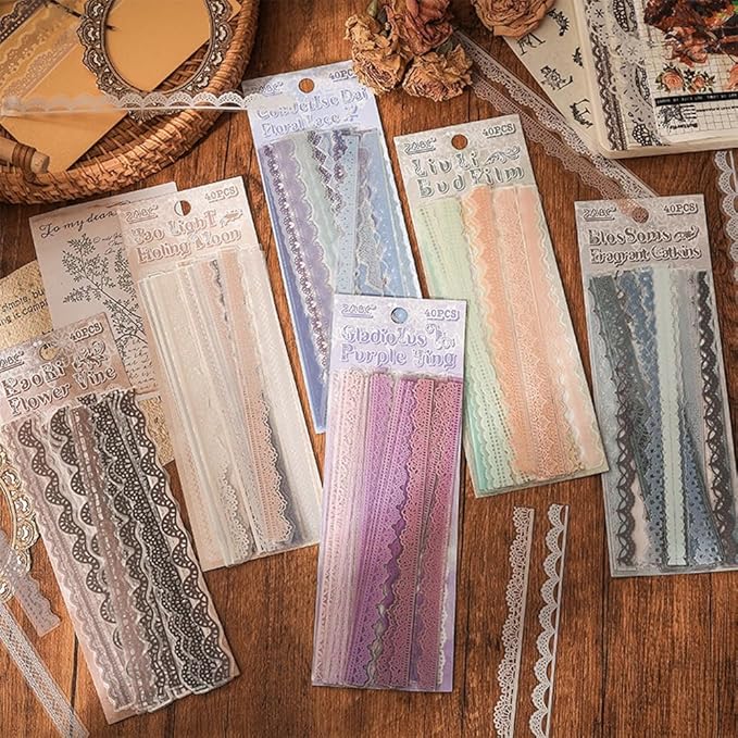 240 Pcs Transparent Lace Stickers for Scrapbooking Junk Journal Card Making Collage Diary Planner Notebook Letter Photo Album Craft Project Decoration, 30 Patterns