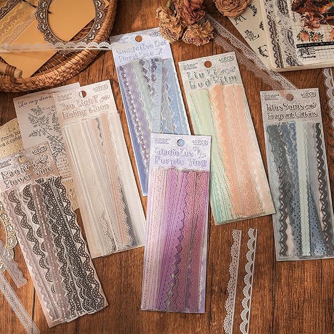 40 Pcs Transparent Lace Stickers for Scrapbooking Junk Journal Card Making Collage Diary Planner Notebook Letter Photo Album Craft Project Decoration, 5 Patterns