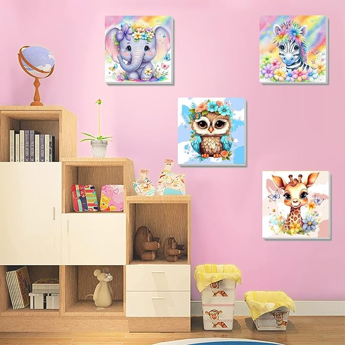 4 Pack Animal Paint by Number for Kids with Wooden Frame - Wooden Easel | Paint by Numbers for Kids Ages 4-8-12, Easy Elephant Owl Giraffe Zebra DIY Oil Painting Kits for Home Wall Decor (8X8 inch)