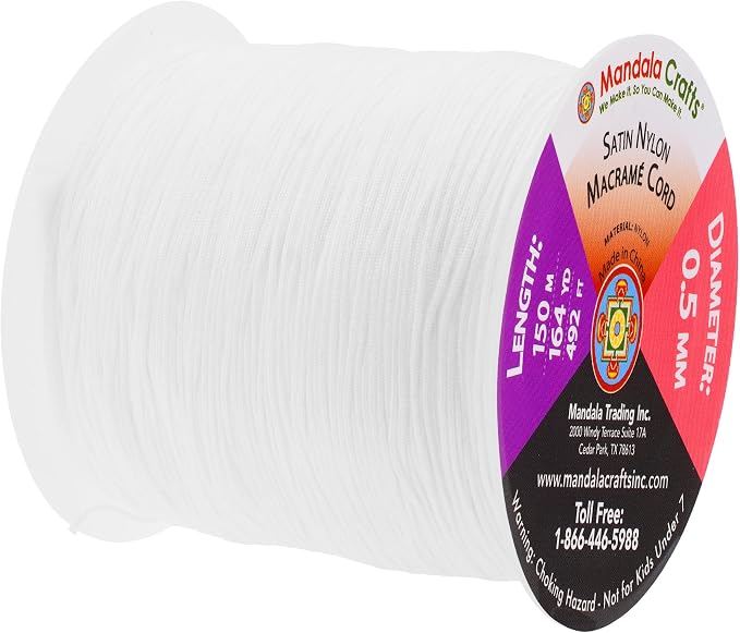 Mandala Crafts 0.5mm White Rattail Nylon Satin Cord for Jewelry Making