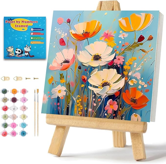 ICYANART Paint by Numbers for Adults Framed, Flowers Number Painting 8x8In