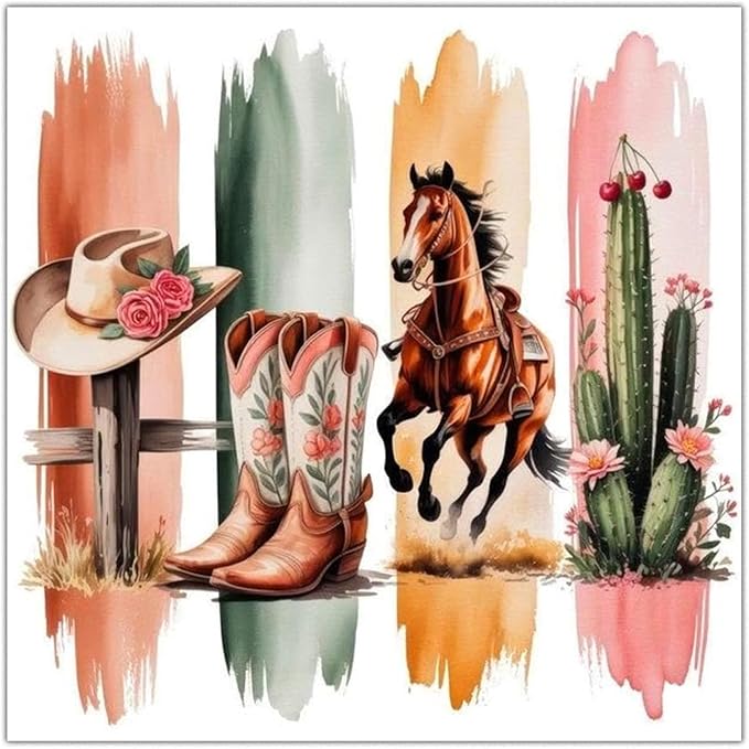 Gemozaic Western Paint by Numbers Kit for Adults, 16 x 16 INCH, Unframed | Adult's Paint by Number for Adult, Horse, Cowboy Boots, Hat, Cactus, DIY Acrylic Numbers Painting for Home Wall Decor, Gift