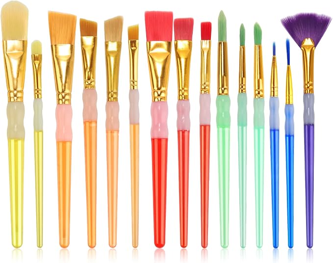 15Pcs Paint Brushes Value Pack | 15 Different Types of Brushes, Nylon Colorful Hair, Silicone Crystal Penholder, Oil, Acrylic and Watercolor Painting