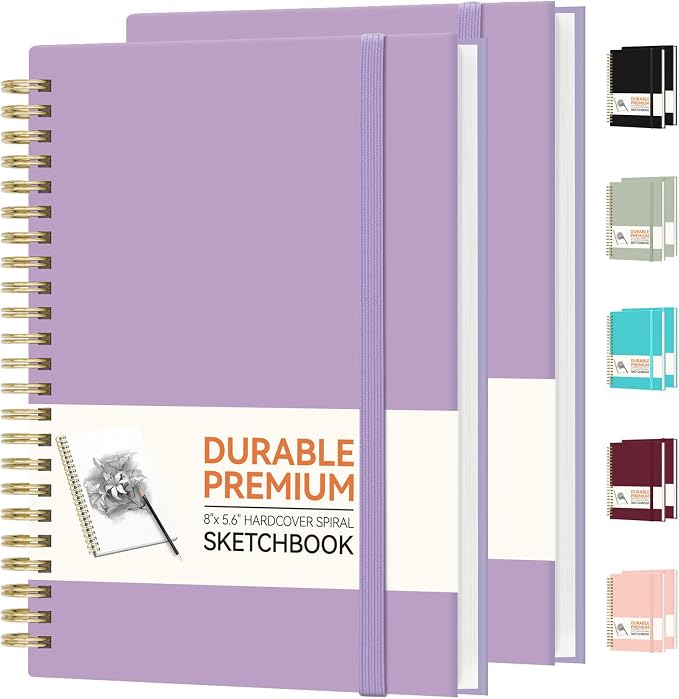 Forvencer 2 Pack Blank Spiral Notebook, 8"x 5.6"Hardcover Sketch Book | 100GSM Thick Paper,Art Sketchbook for Women&Adult, 100 pages/50 Sheets Drawing Book Journal for School Office Drawing, Purple