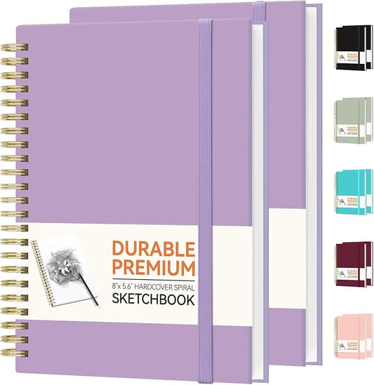 Forvencer 2 Pack Blank Spiral Notebook, 8"x 5.6"Hardcover Sketch Book | 100GSM Thick Paper,Art Sketchbook for Women&Adult, 100 pages/50 Sheets Drawing Book Journal for School Office Drawing, Purple