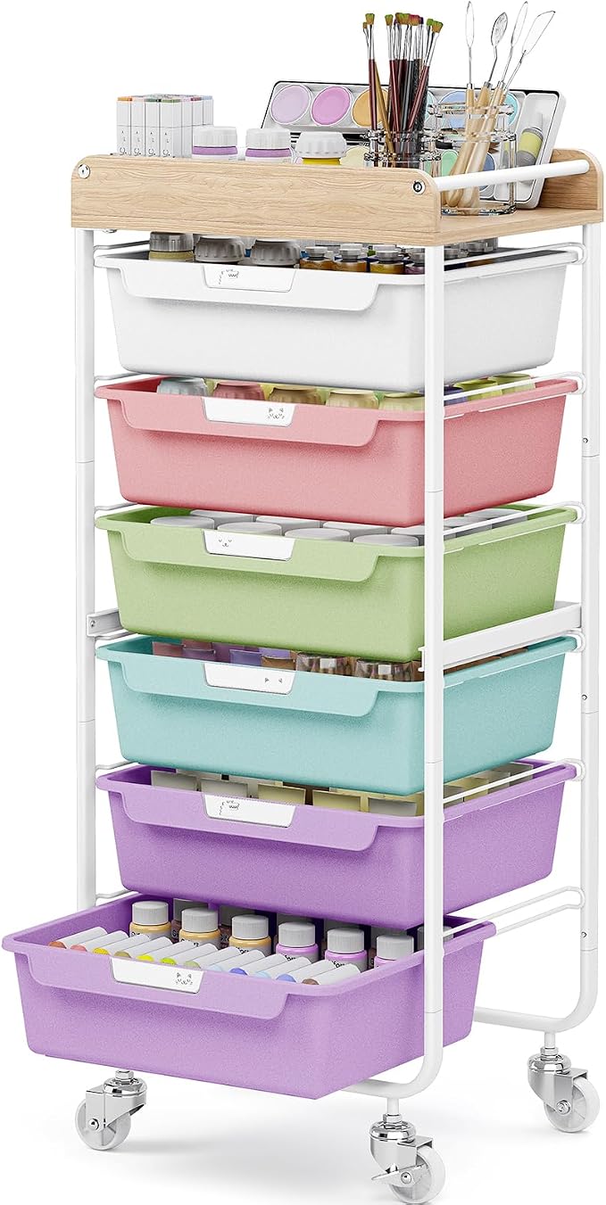 SYKIARIOL Utility Storage Cart with Ice Cream Color Drawer for Classroom | Rolling Cart with Labeling 6 Drawers, for Kids Room, Dorm, School, Storage Study Arts Craft Sewing Supplies Organizers