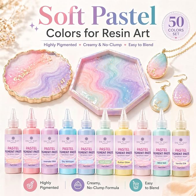 BALTIC DAY Pastel Pigment Paste for Epoxy Resin, 50 Colors, 15g Each | Soft opaque pastel colors for resin jewelry, coasters, tumblers, molds, home décor and DIY crafts