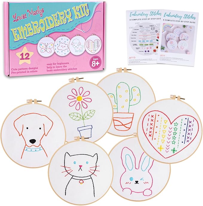 Louise Maelys 12 Pre-Stamped Embroidery Kits for Beginners, Cross Stitch for Kids Girls,DIY Needlepoint Craft Sewing,Practice Kit Supplies,Funny Cute Pattern,Perfect for Ages 8+